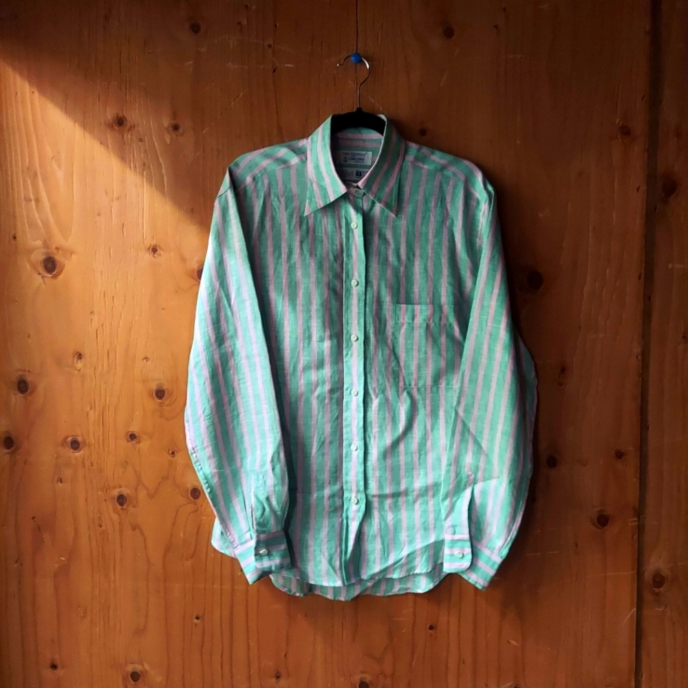 Ugo Colella Vintage Pink & Light Green Striped Linen Botton Down Shirt
